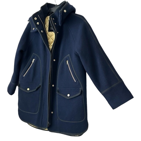 J. Crew Summit Parka Coat Italian Stadium Cloth Wool in Navy Gold Trim size 0 - Picture 5 of 14
